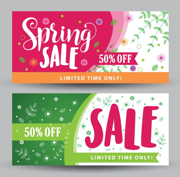 بنرهای فروش بهاره با طرح های مختلف رنگارنگ برای تبلیغات فصلی بهاری با عناصر گیاهی و گل و دکوراسیون در زمینه سفید وکتور