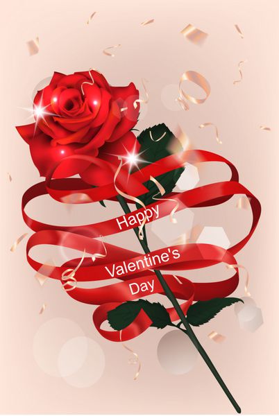 کارت تبریک روز ولنتاین با روبان فرفری قرمز کوفته طلایی و رز قرمز وکتور