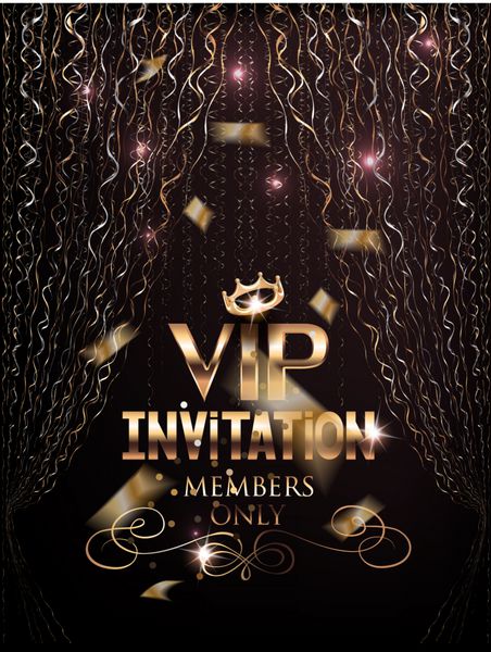 کارت دعوت زیبا VIP با پرده های طلایی و کانفتی وکتور