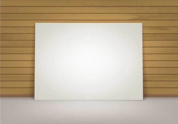 وکتور ماکت سفید خالی خالی قاب عکس پوستر ایستاده روی زمین با نمای جلوی دیوار چوبی سینا قهوه ای
