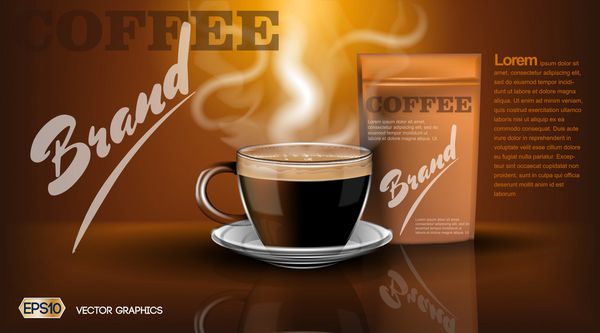 قالب Mockup فنجان و بسته واقعی قهوه داغ برای برندسازی طرح های محصول را تبلیغ کنید نوشیدنی بخار پز تازه در یک لیوان با بازتاب سایه ها