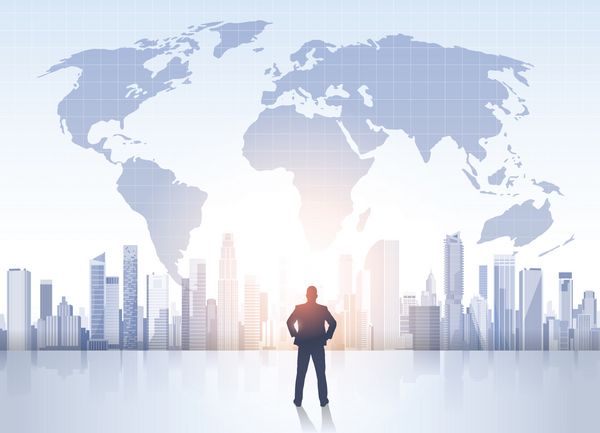 وکتور وکتور ساختمان های اداری مدرن نقشه جهان منظر مرد تجاری بر فراز شهر