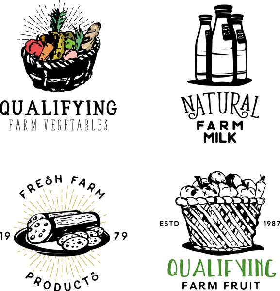 مجموعه ای از نشان های غذای مزرعه تازه به سبک وینتیج