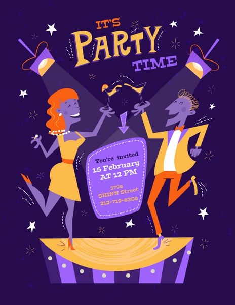 پوستر مهمانی روشن به سبک اواسط قرن بروشور دیسکوی شب با زن و مرد رقصنده کوکتل نوشیدنی های الکلی سکوی رقص دهه 1950 قابل ویرایش آسان