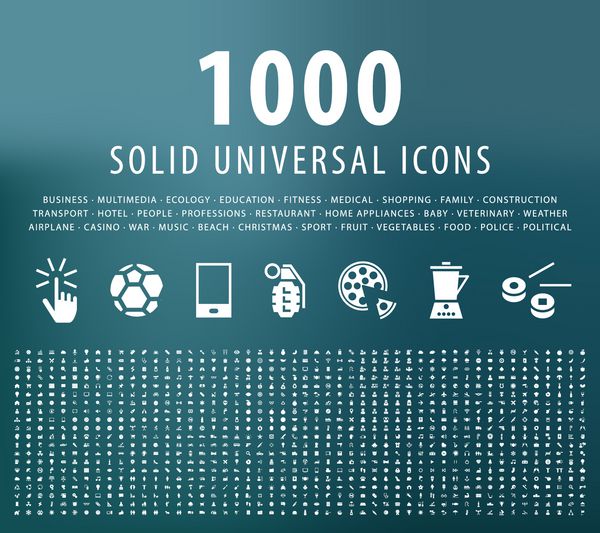 مجموعه ای از 1000 آیکون جامد جهانی عناصر بردار جدا شده