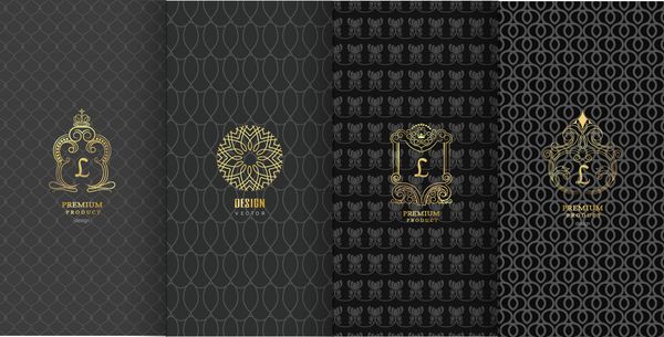 مجموعه ای از عناصر طراحی برچسب نماد قاب برای بسته بندی طراحی محصولات لوکس ساخته شده با فویل طلایی ایزوله شده در زمینه مشکی وکتور