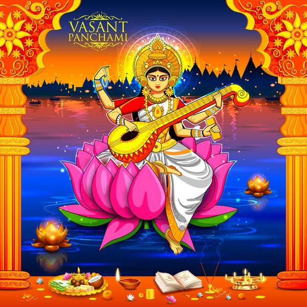الهه حکمت ساراسواتی برای پس‌زمینه جشنواره Vasant Panchami هند