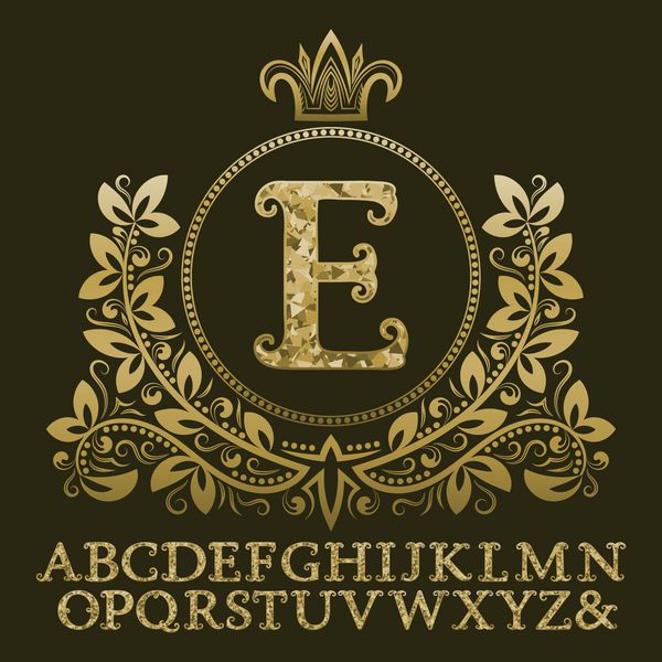 حروف روکش طلایی و مونوگرام اولیه به شکل نشان با تاج کیت فونت و عناصر سلطنتی برای طراحی لوگو