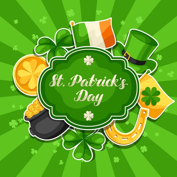 کارت تبریک روز سنت پاتریک پرچم ایرلند گلدان سکه های طلا شبدر کلاه سبز و نعل اسب
