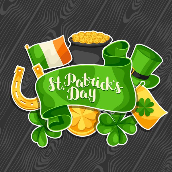 کارت تبریک روز سنت پاتریک پرچم ایرلند گلدان سکه های طلا شبدر کلاه سبز و نعل اسب