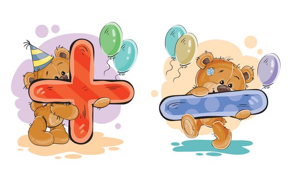 مجموعه وکتور نمادهای ریاضی مثبت و منفی با یک خرس عروسکی سرگرم کننده