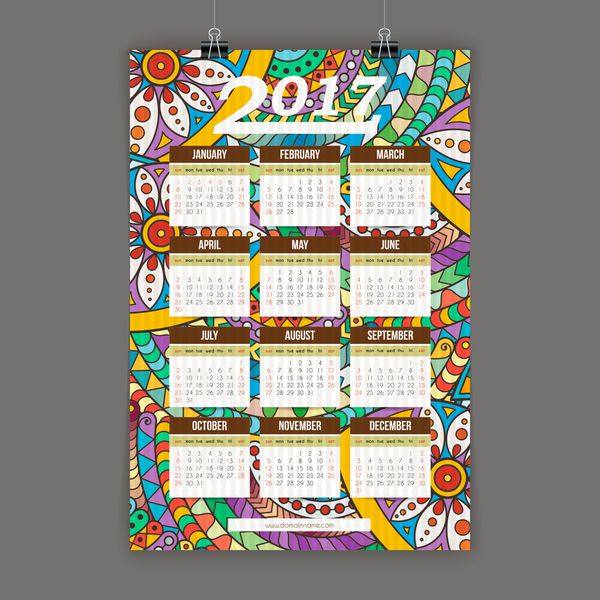 تقویم رنگارنگ Zentangle 2017 با دست نقاشی شده به سبک الگوهای گل و ابله