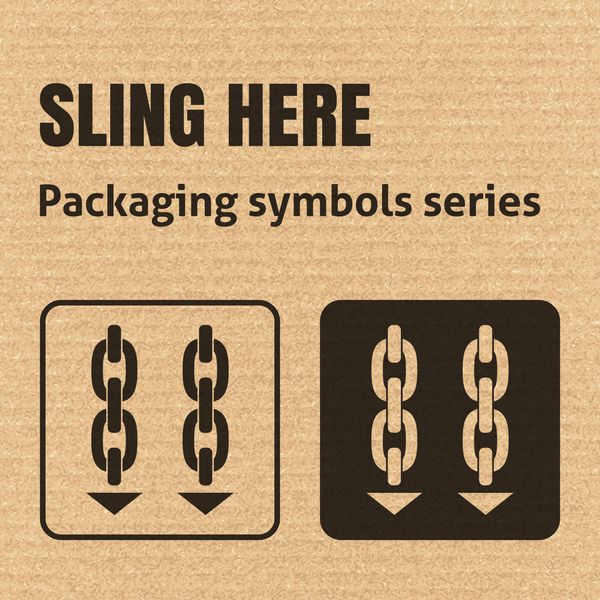 نماد بسته بندی SLING HERE روی پس زمینه مقوا راه راه برای استفاده در جعبه های مقوایی بسته ها و بسته ها وکتور