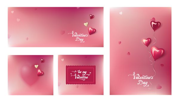 مجموعه ای از چهار کارت با پس زمینه تار و بادکنک های براق به شکل قلب کارت های روز ولنتاین مبارک خوشنویسی دست نوشته روز ولنتاین در پس زمینه تار وکتور