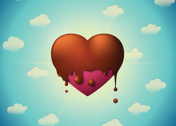 قلب بنفش روز ولنتاین با شکلات داغ در ابرهای آسمان ریخته شده است