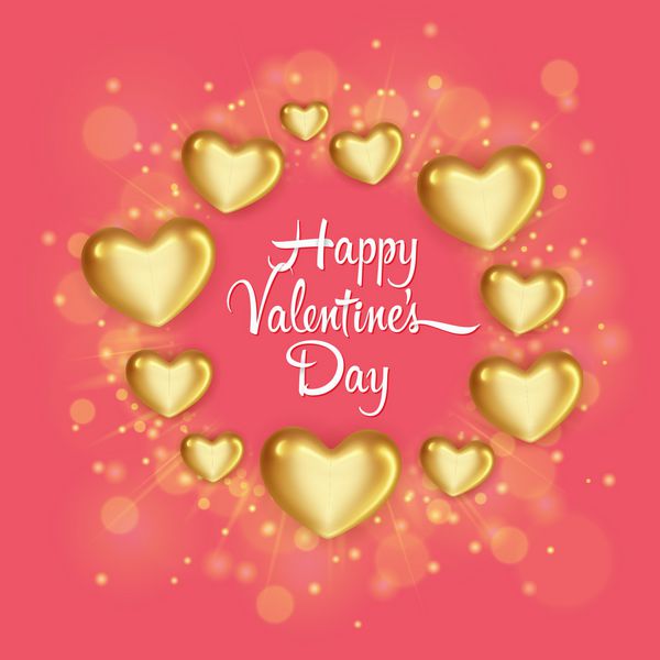 کارت پستال زیبا با قلب های طلایی براق جشن روز ولنتاین مبارک وکتور