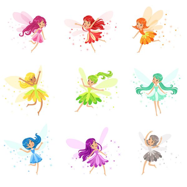 مجموعه رنگین کمان رنگارنگ پری های دخترانه زیبا با بادها و موهای بلند در حال رقصیدن در احاطه جرقه ها و ستاره ها با لباس های زیبا
