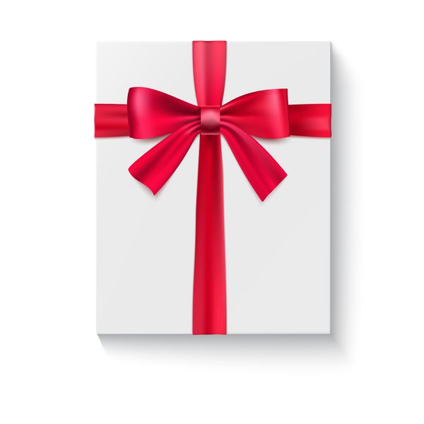 بسته بندی سفید با پاپیون قرمز بزرگ جعبه هدیه تعطیلات از نمای نزدیک نمای بالا جدا شده در پس زمینه سفید وکتور جعبه هدیه مربعی سفید با پاپیون ساتن قرمز براق روبان