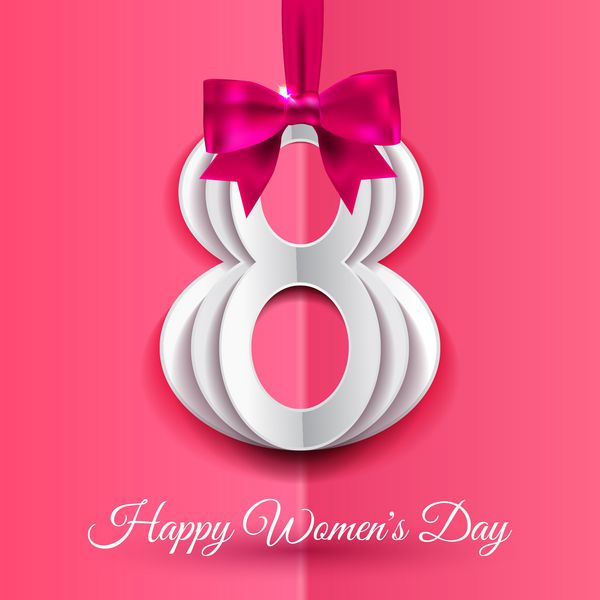 مارس پس زمینه روز جهانی زن با روبان ابریشمی و پاپیون کاغذ شماره 8 با سایه کارت تبریک روز زن یا روز مادر وکتور