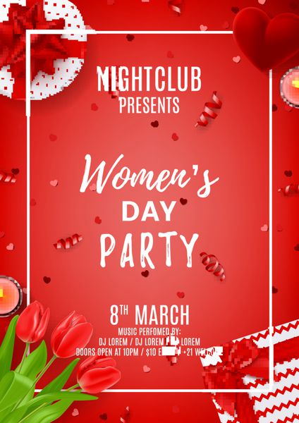 پوستر جشن قرمز برای روز زن نمای بالای ترکیب با لاله‌های قرمز جعبه‌های هدیه کیف حلقه شمع و آبنبات وکتور با سرپانتین دعوت به کلوپ شبانه