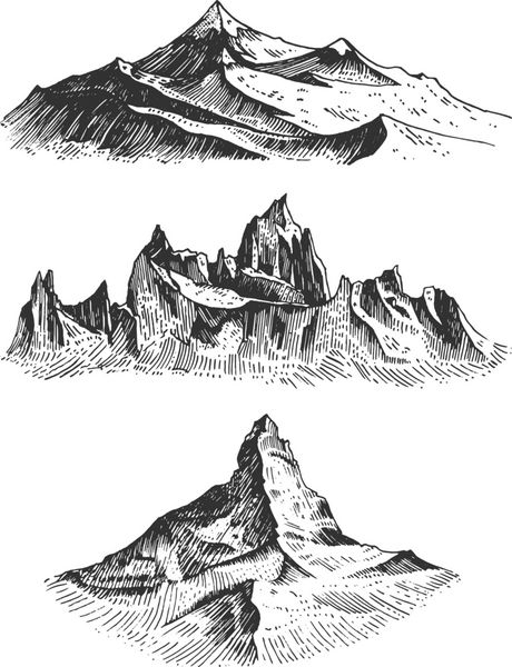 مجموعه بزرگی از قله‌های کوهستانی قدیمی طراحی شده با دست قدیمی طرح یا سبک حکاکی شده نسخه‌های مختلف برای پیاده‌روی کوهنوردی