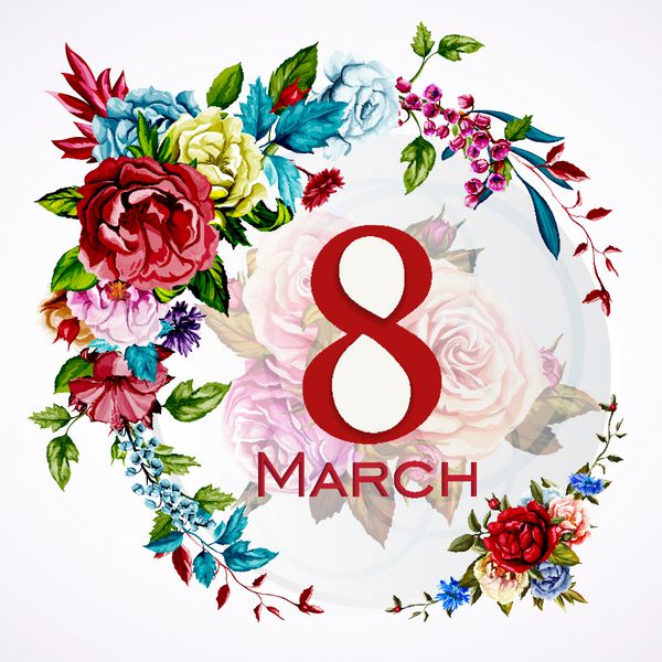 قالب کارت تبریک 8 مارس با گل گل رز وحشی گل رز گل صد تومانی گل ذرت زنبق دره دست کشیده وکتور - سهام