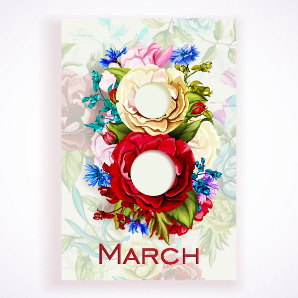 کارت تبریک 8 مارس با گل گل رز وحشی گل رز گل صد تومانی با برگ دست کشیده وکتور - سهام