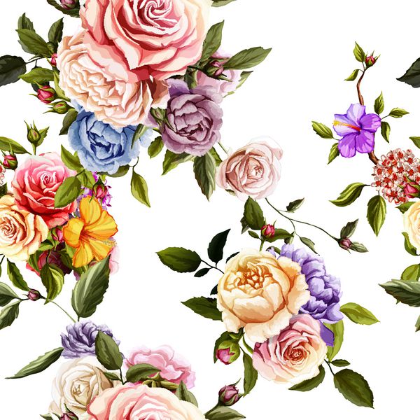 گل رز و گل صد تومانی با برگ آبرنگ طراحی شده با دست الگوی پس زمینه بدون درز وکتور - سهام
