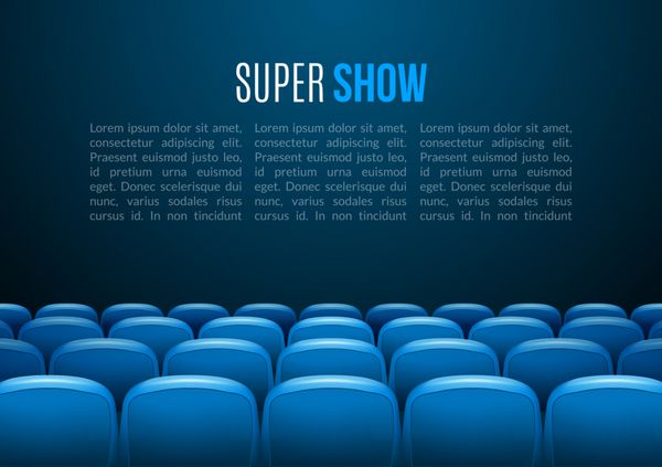 سینما با ردیفی از صندلی‌های آبی الگوی رویداد برتر طراحی سوپر شو مفهوم ارائه با مکانی برای متن