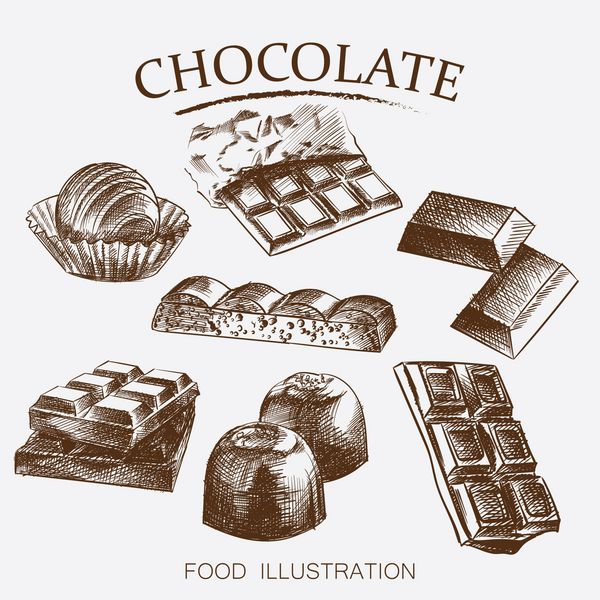 مجموعه ای طراحی شده با دست از انواع مختلف وکتور سبک طرح شکلاتی در پس زمینه سفید میله های شکلات آب نبات لوبیا متخلخل