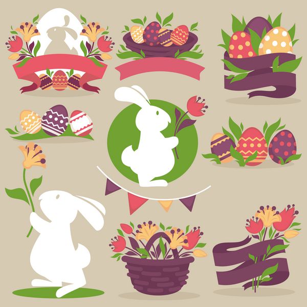 نمادهای دکور بهاری وکتور تخم مرغ و خرگوش عید پاک