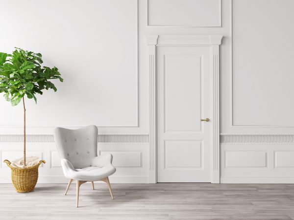 فضای داخلی سفید کلاسیک با صندلی و گیاه