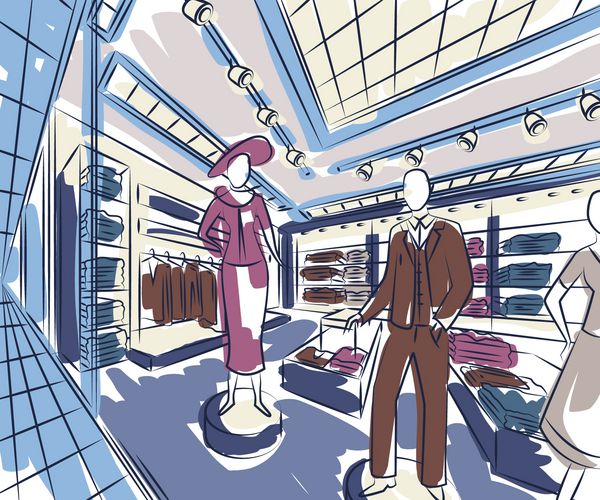 مرکز خرید با فروشگاه های مد طراحی داخلی به سبک اسکچ وکتور با دست طراحی شده قدیمی