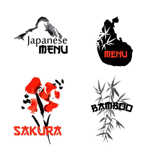 الگوهای لوگو با مناظر آسیایی ساختمان‌ها و نمادهای شاخه‌های شکوفه ساکورا به سبک سنتی ژاپنی sumi-e علامت وکتور برای طراحی