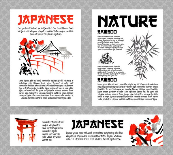 بنرها یا پوسترهایی با مناظر آسیایی ساختمان‌ها و شاخه‌های شکوفه ساکورا به سبک سنتی ژاپنی سومی وکتور قالب بروشور