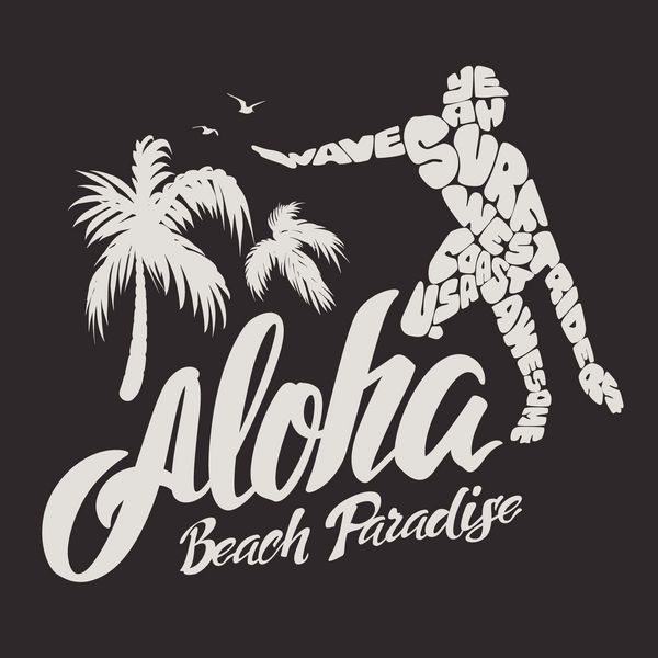 تایپوگرافی Aloha با تصویر موج سوار برای چاپ تی شرت وکتور