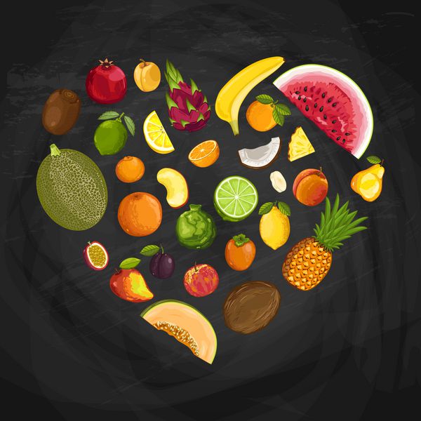 وکتور ترکیب شکل قلب میوه تازه پس زمینه میوه های آبدار تغذیه خوشمزه گیاهی رژیم غذایی سالم ارگانیک لیموترش نارگیل هندوانه خربزه آلو گلابی زردآلو روی تخته سیاه