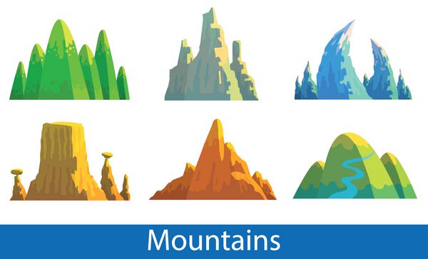 مجموعه وکتور تصاویر کارتونی از کوه های مختلف با رنگ ها و اشکال مختلف در زمینه سفید طبیعت کوهنوردی پس زمینه کتیبه کوه ها وکتور