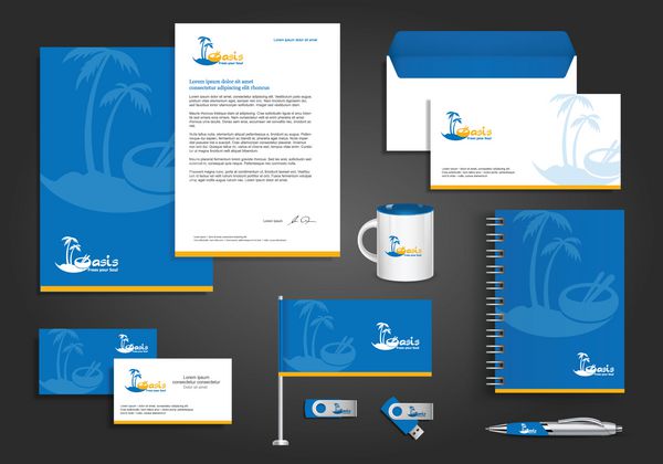 الگوی طراحی لوگوی درختان نخل و خورشید مجموعه آیکون جزیره گرمسیری یا تعطیلات طراحی قالب هویت شرکتی لوازم التحریر سربرگ