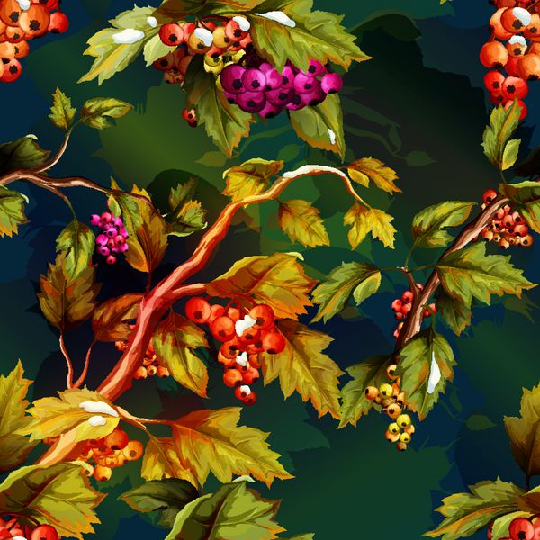 تصویر انتزاعی از درخت توت با برگ ها و انواع توت های رنگی آبرنگ الگوی پس زمینه بدون درز وکتور - سهام