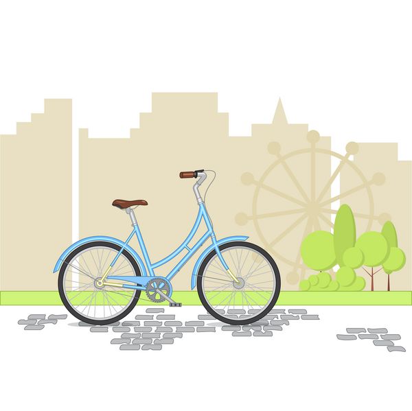 دوچرخه رترو آبی در پس زمینه شهر وکتور مسطح