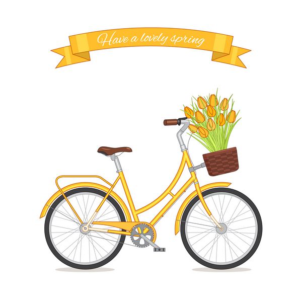دوچرخه رترو زرد با دسته گل لاله در سبد گل