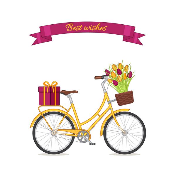 دوچرخه رترو زرد با دسته گل لاله در سبد گل و جعبه هدیه روی صندوق عقب