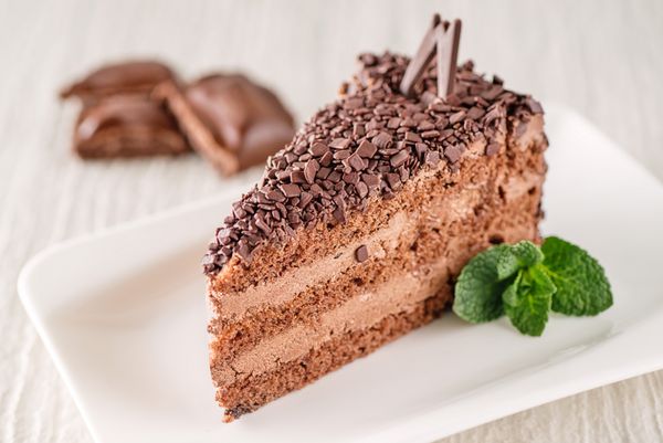 کیک خامه ای شکلاتی یا قهوه روی بشقاب سفید با برگ نعنا کیک بدون گلوتن عکاسی محصول برای شیرینی پزی
