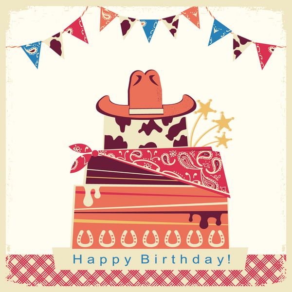 کارت تبریک تولد کابوی با کیک و کلاه کابوی
