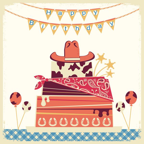 کارت تبریک تولد کابوی با کیک و کلاه کابوی
