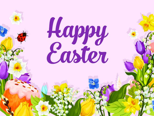 کارت تبریک عید پاک با تخم مرغ کیک و گل