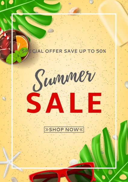 پوستر فروش تابستانی با دکمه وب نمای بالای عینک آفتابی صدف دریایی کوکتل تازه و بستنی روی شن و ماسه دریا وکتور با برگ های گیاه گرمسیری