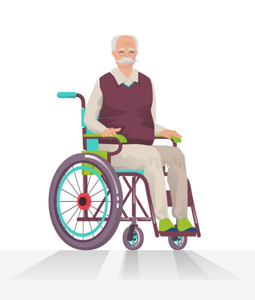 مفهوم ناتوانی فرد مرد معلول سالخورده روی ویلچر جدا شده در پس زمینه سفید وکتور تصویر مسطح