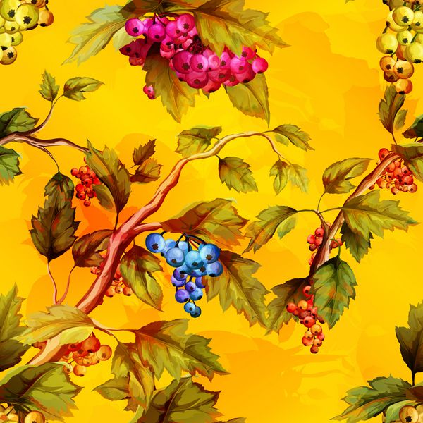 تصویر انتزاعی از درخت توت با برگ ها و انواع توت های رنگی آبرنگ الگوی پس زمینه بدون درز وکتور - سهام